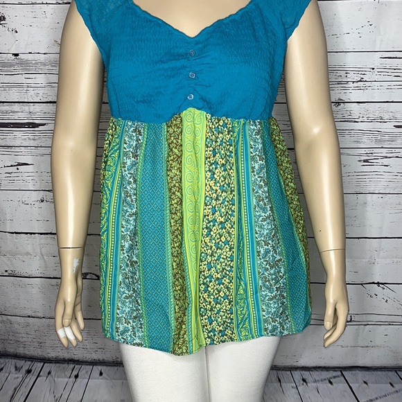 Lane Bryant NWT Size 14/16 Blue & Green Smock Boho Peasant Blouse Top - Picture 3 of 7